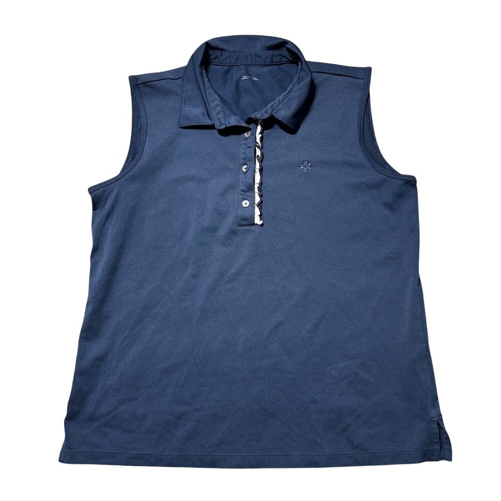 Tory Burch Women's Sz Medium Sleeveless Polo Shirt Navy Blue Cotton Blend